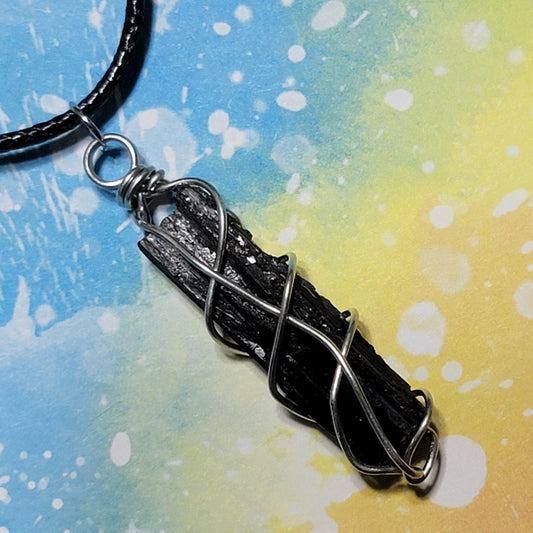 Black Tourmaline Necklace, Raw Stone Wire Wrapped Pendant with Black Cord, Rough Schorl Rock and Mineral Jewelry