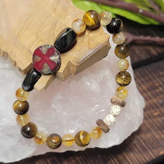 Handmade Tiger’s Eye and Citrine Beaded Bracelet - Red Greek Cross Centerpiece, Hematite, Howlite & Wood Accents - 7.5” Stretch