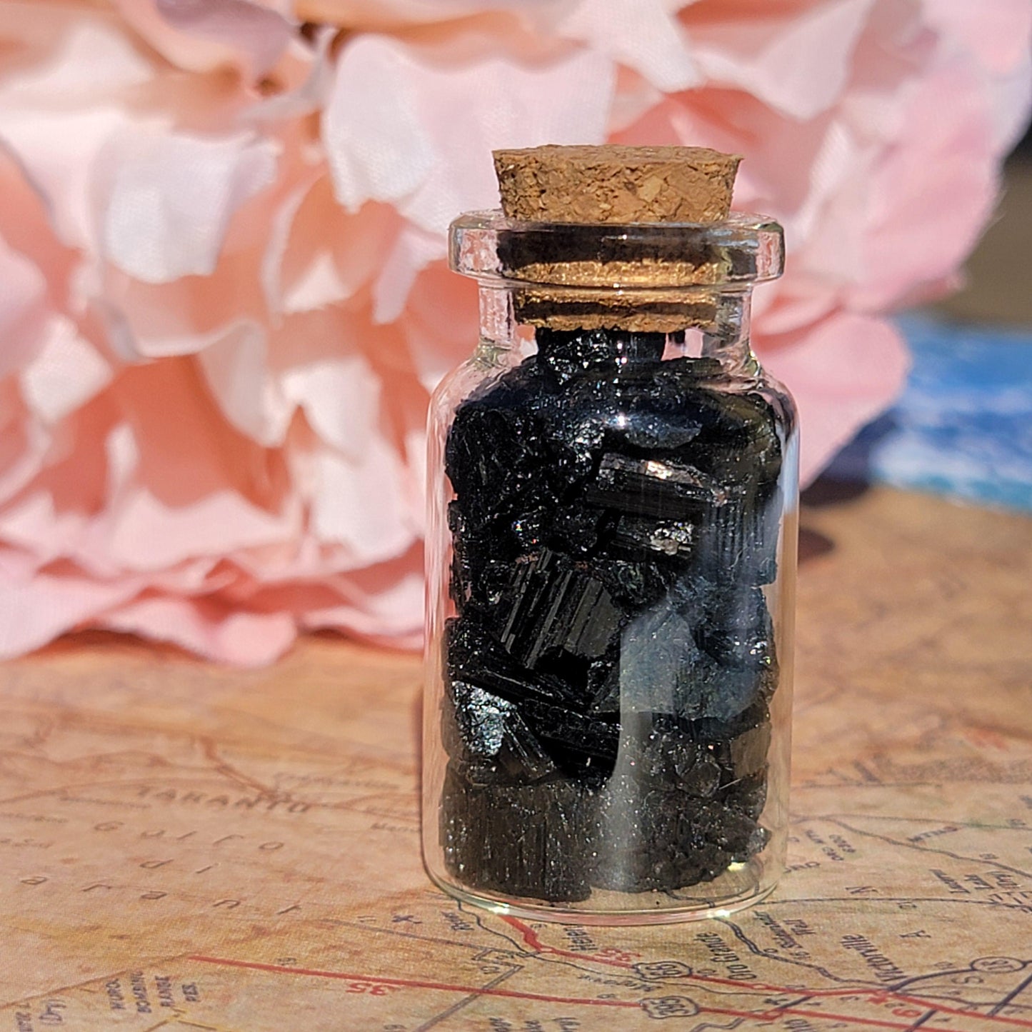 Black Tourmaline Crystals in Glass Bottle, Raw Rough Natural Schorl Rock Pieces, Small Geology Gift