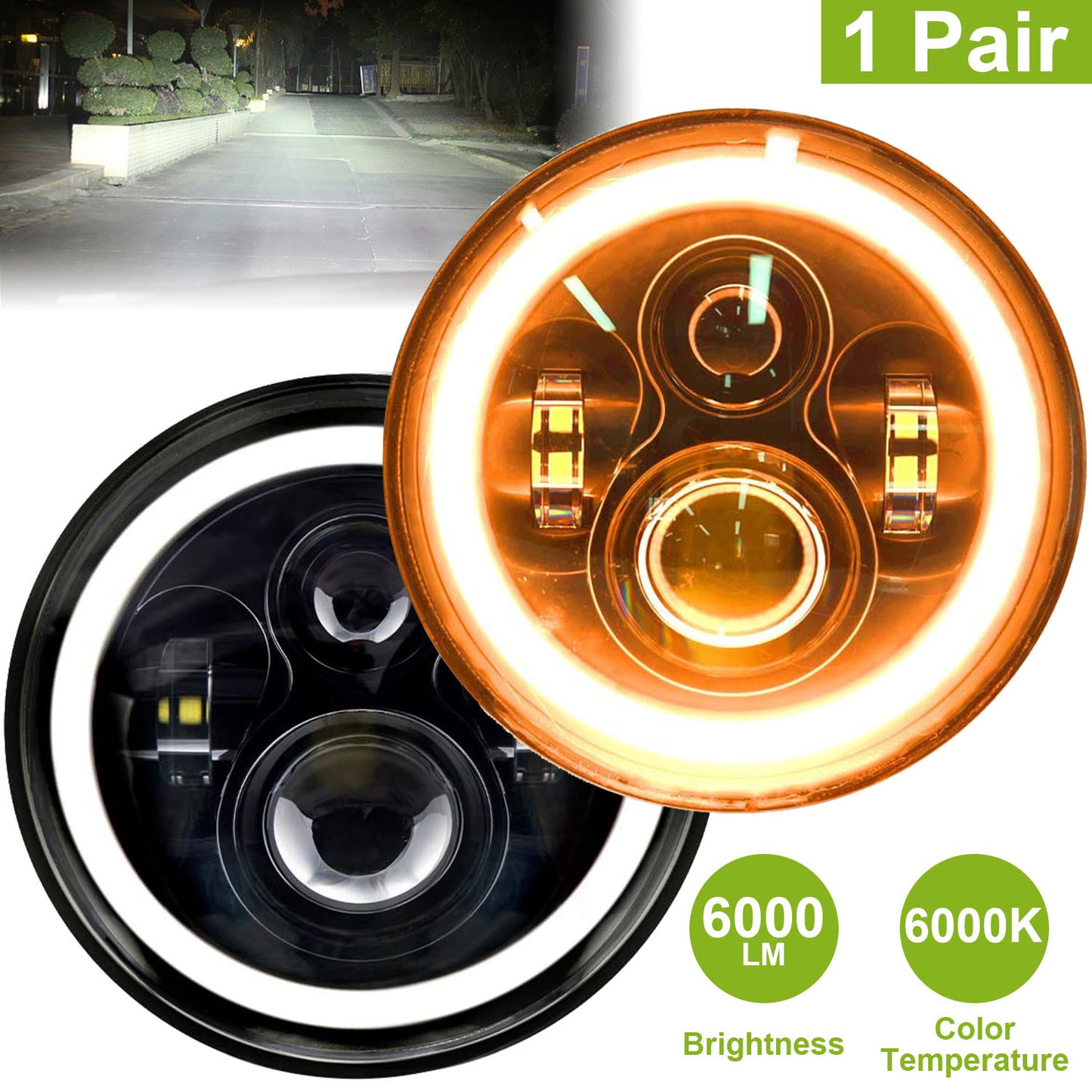 7" LED Headlights with Halo Rings Set of 2  Fits Jeep Wrangler TJ, JK, CJ | Plug & Play with H4 to H13 Adapters