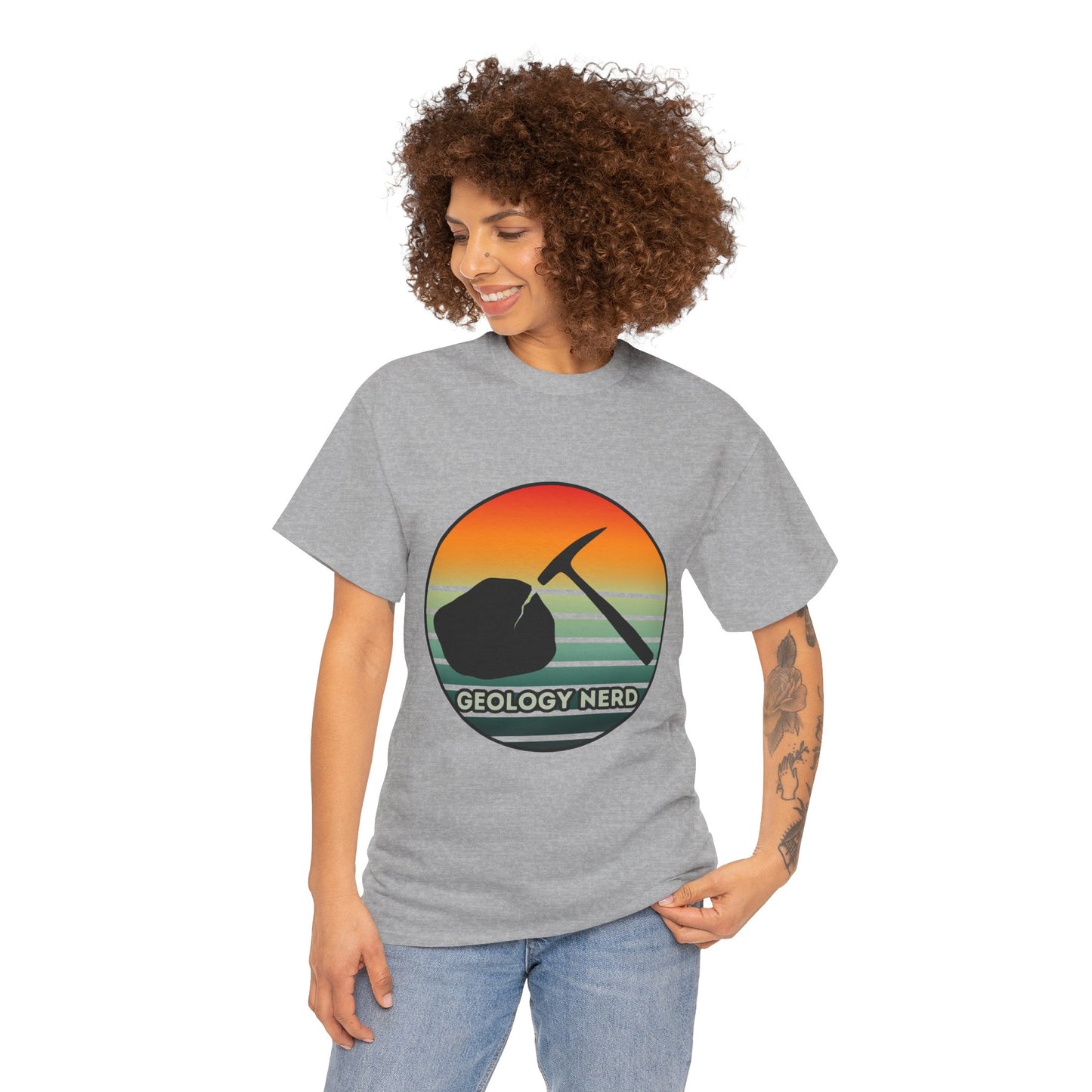 Geology Nerd Unisex Heavy Cotton Tee | Silhouette Sunset Rock Hammer | Perfect for Rock Lovers, Science Buffs, Casual Outfits, Gift for Geologists, Excursion Wear