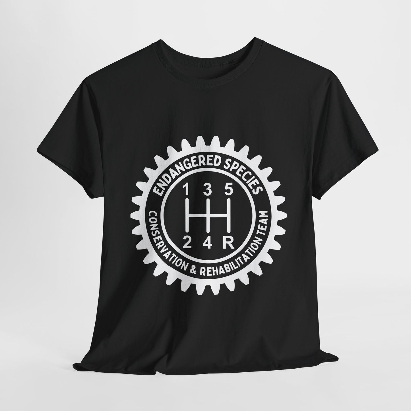 Manual Transmission Stick Shift Humor Tee Shirt - Endangered Species Conservation & Rehabilitation Team - White Print