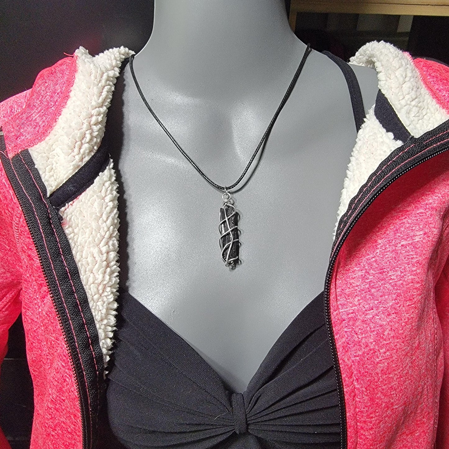 Black Tourmaline Necklace, Raw Stone Wire Wrapped Pendant with Black Cord, Rough Schorl Rock and Mineral Jewelry