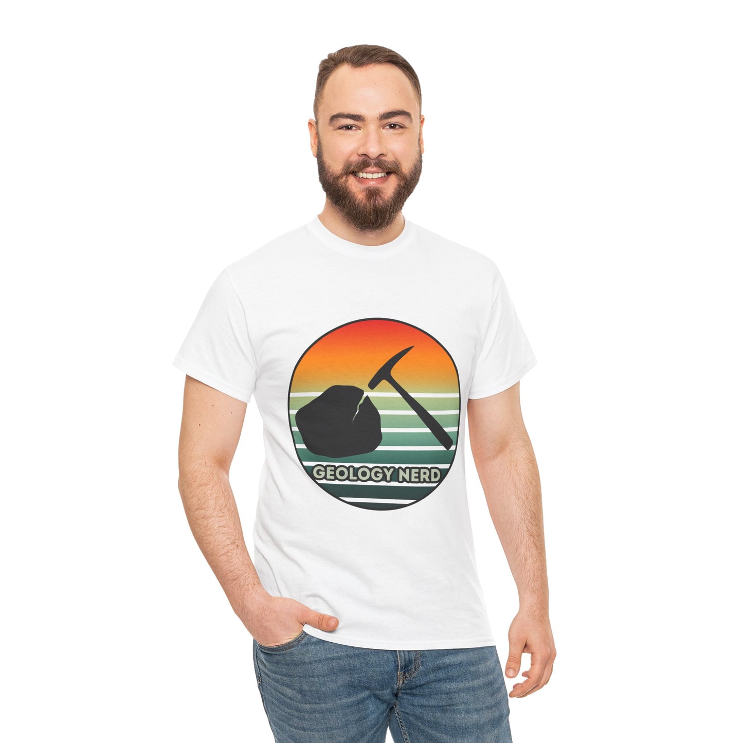 Geology Nerd Unisex Heavy Cotton Tee | Silhouette Sunset Rock Hammer | Perfect for Rock Lovers, Science Buffs, Casual Outfits, Gift for Geologists, Excursion Wear