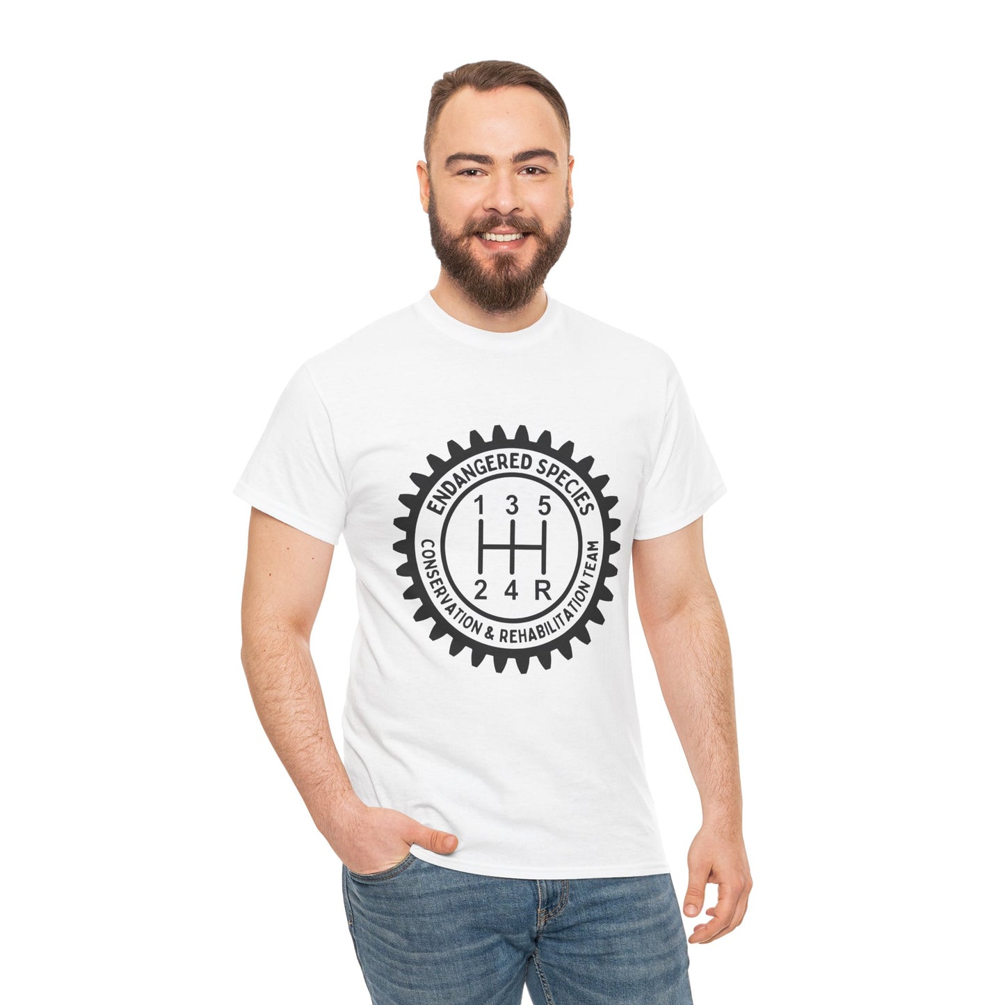 Manual Transmission Stick Shift Humor Tee - Endangered Species Conservation & Rehabilitation Team - Black Print
