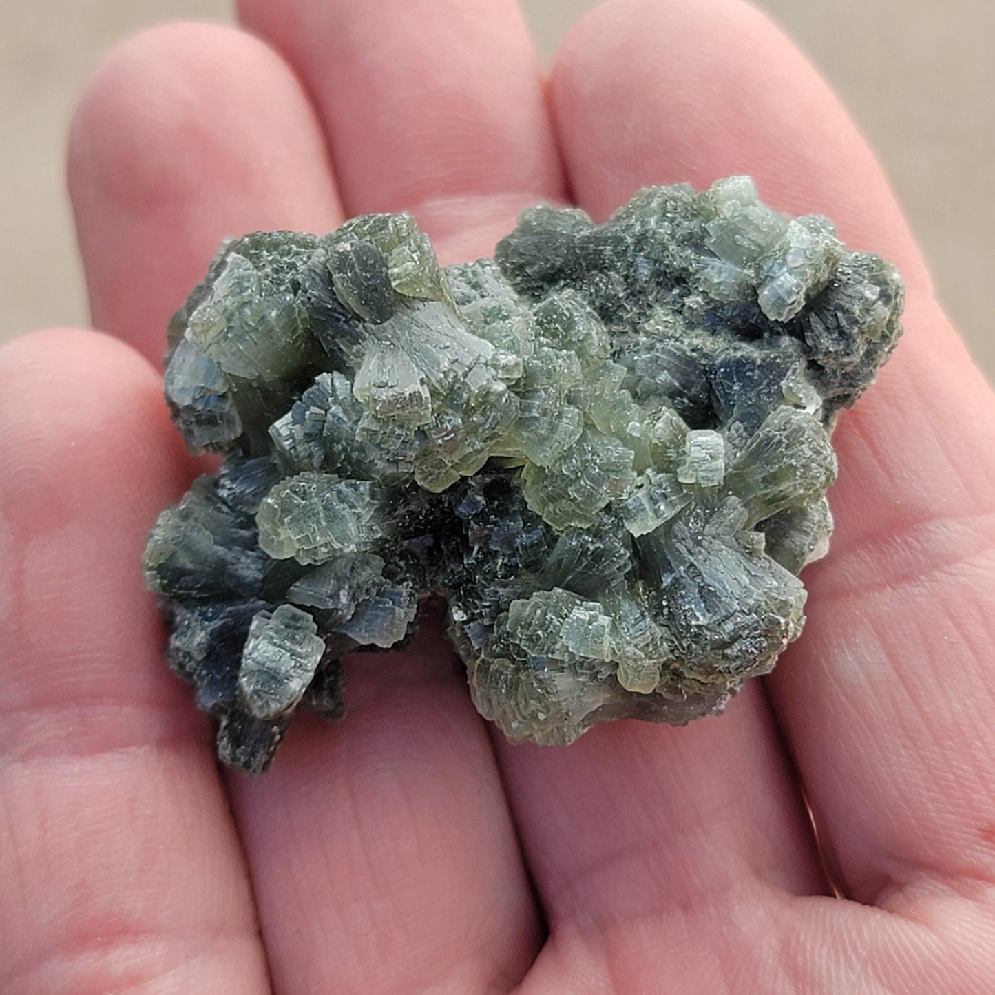 Rough Prehnite Rock Specimen from Boulemane, Imilchil, Morocco, 26.15g, Beautiful Dark and Light Green Bowtie Shaped Crystals