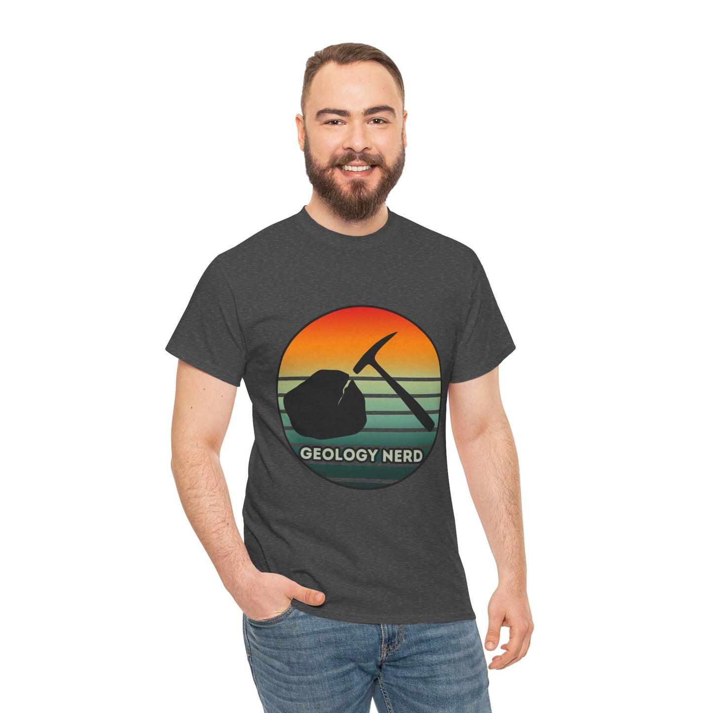 Geology Nerd Unisex Heavy Cotton Tee | Silhouette Sunset Rock Hammer | Perfect for Rock Lovers, Science Buffs, Casual Outfits, Gift for Geologists, Excursion Wear