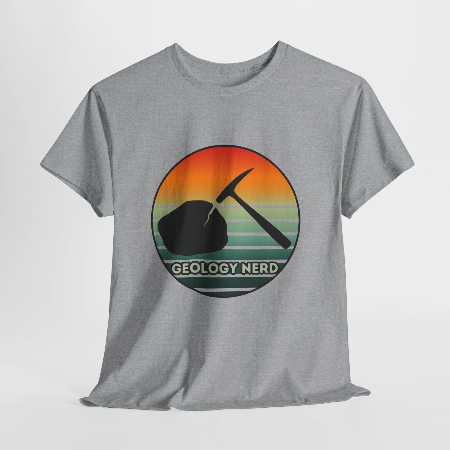 Geology Nerd Unisex Heavy Cotton Tee | Silhouette Sunset Rock Hammer | Perfect for Rock Lovers, Science Buffs, Casual Outfits, Gift for Geologists, Excursion Wear