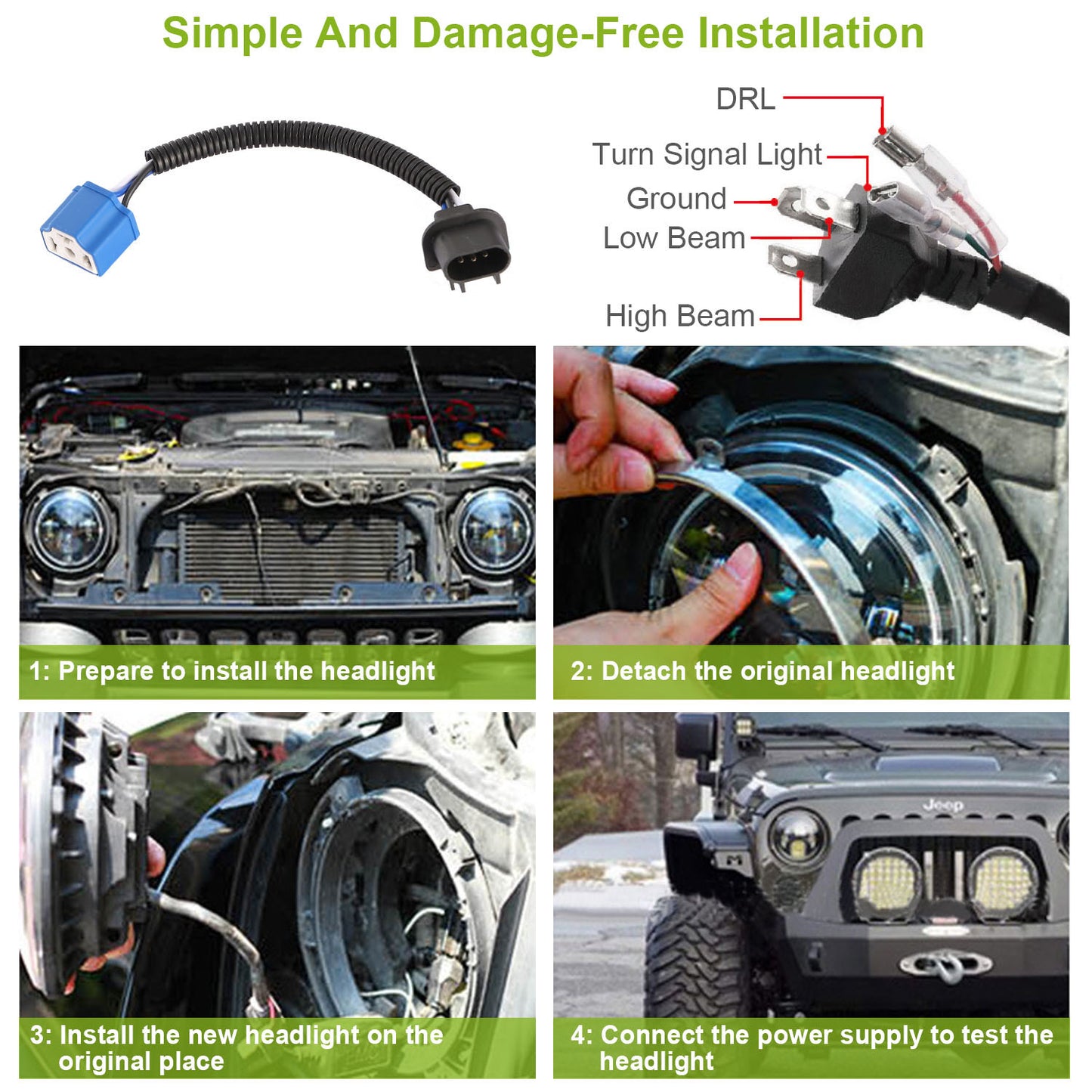 7" LED Headlights with Halo Rings Set of 2  Fits Jeep Wrangler TJ, JK, CJ | Plug & Play with H4 to H13 Adapters