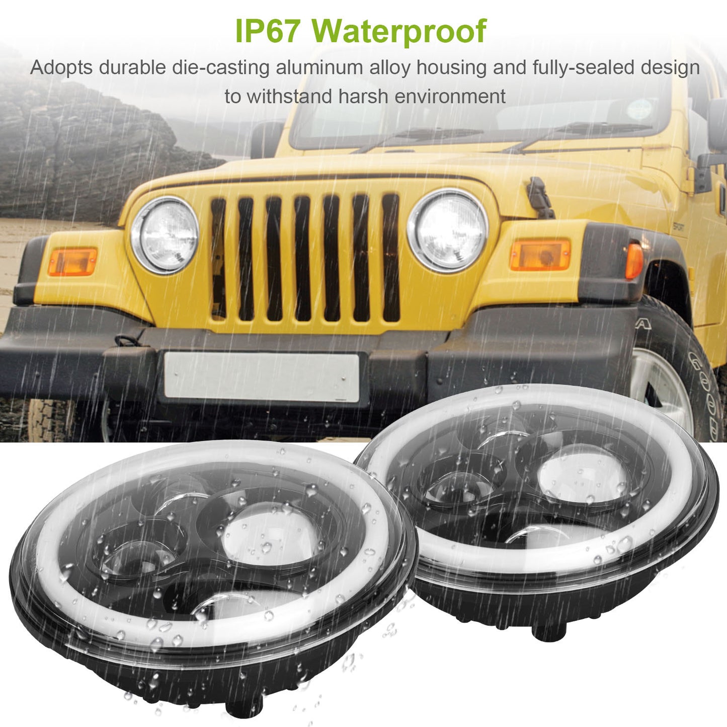 7" LED Headlights with Halo Rings Set of 2  Fits Jeep Wrangler TJ, JK, CJ | Plug & Play with H4 to H13 Adapters