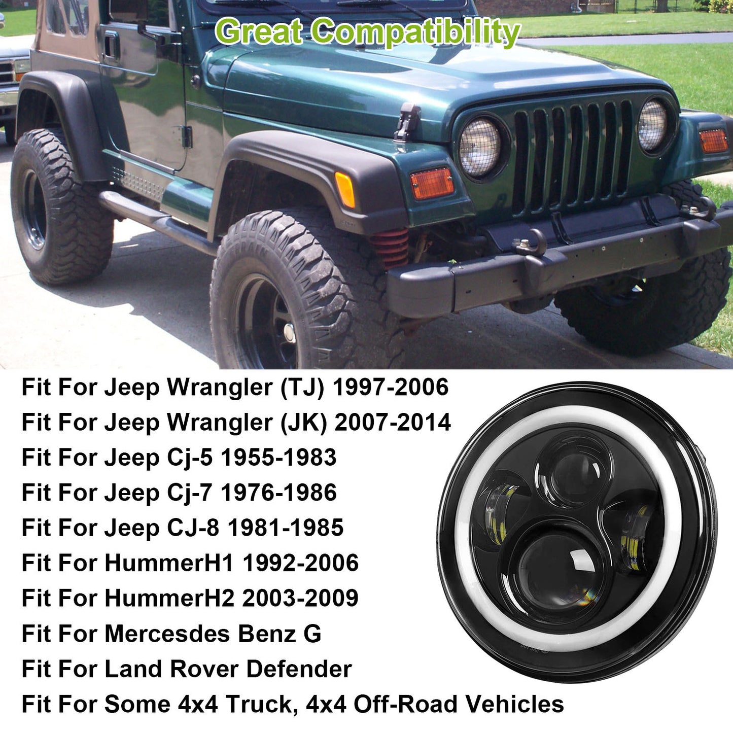 7" LED Headlights with Halo Rings Set of 2  Fits Jeep Wrangler TJ, JK, CJ | Plug & Play with H4 to H13 Adapters