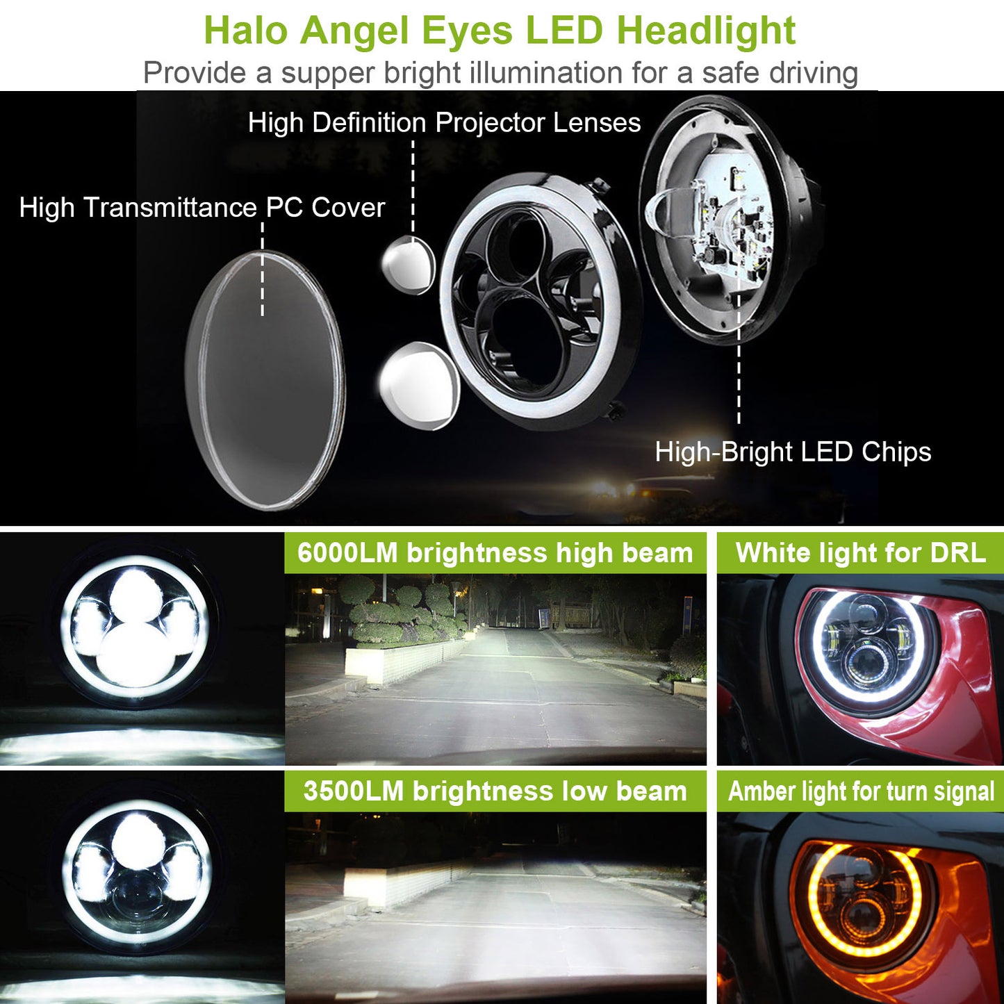 7" LED Headlights with Halo Rings Set of 2  Fits Jeep Wrangler TJ, JK, CJ | Plug & Play with H4 to H13 Adapters