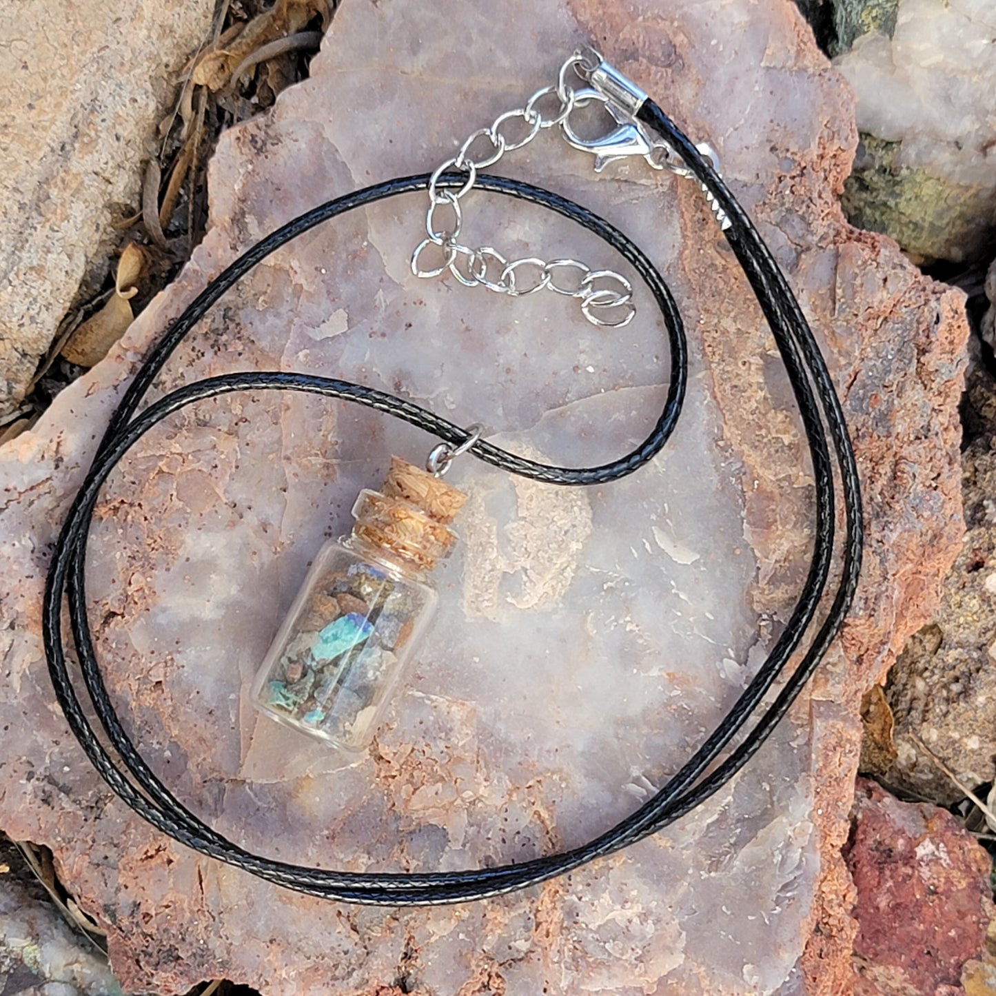 Arizona Desert Crystal Mix Glass Jar Necklace | Raw Stone Jewelry | Rock Pendant | Rockhound Geology Gift | Wulfenite, Chrysocolla, Quartz