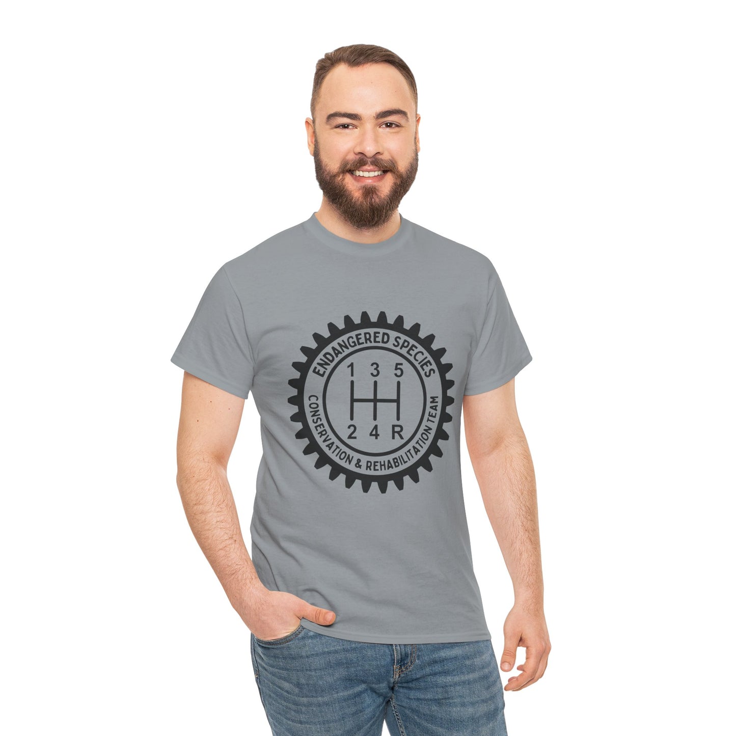 Manual Transmission Stick Shift Humor Tee - Endangered Species Conservation & Rehabilitation Team - Black Print