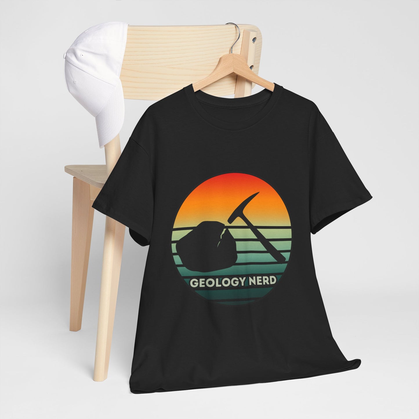 Geology Nerd Unisex Heavy Cotton Tee | Silhouette Sunset Rock Hammer | Perfect for Rock Lovers, Science Buffs, Casual Outfits, Gift for Geologists, Excursion Wear