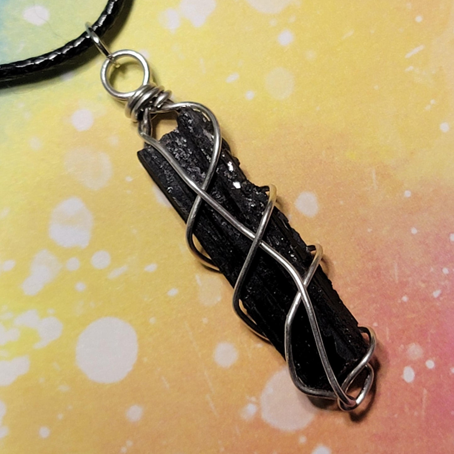 Black Tourmaline Necklace, Raw Stone Wire Wrapped Pendant with Black Cord, Rough Schorl Rock and Mineral Jewelry