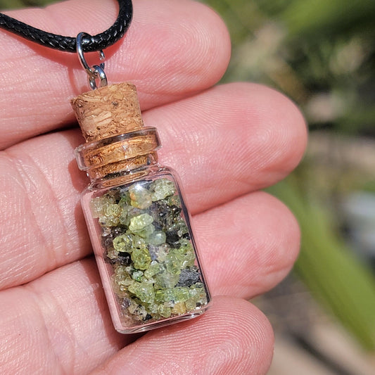 Natural Raw Peridot Necklace | August Birthstone Jewelry | Crystals in a Bottle Pendant | Arizona Gemstone Geology Gift