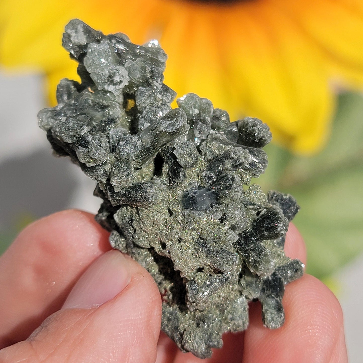 Prehnite Mineral Specimen from Boulemane, Morocco, with Actinolite and Natural Hole, Dark Green Bowtie Shaped Crystals | 18.42g