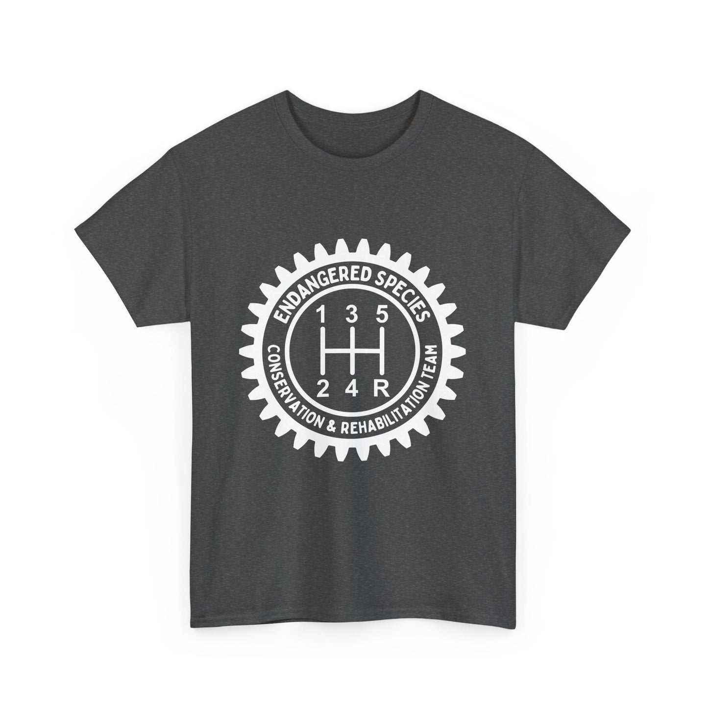 Manual Transmission Stick Shift Humor Tee Shirt - Endangered Species Conservation & Rehabilitation Team - White Print