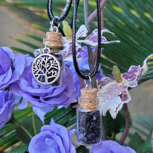 Black Tourmaline Necklace | Schorl Crystals in Bottle | Grounding Pendant with Tree of Life | Natural Rock and Mineral Jewelry