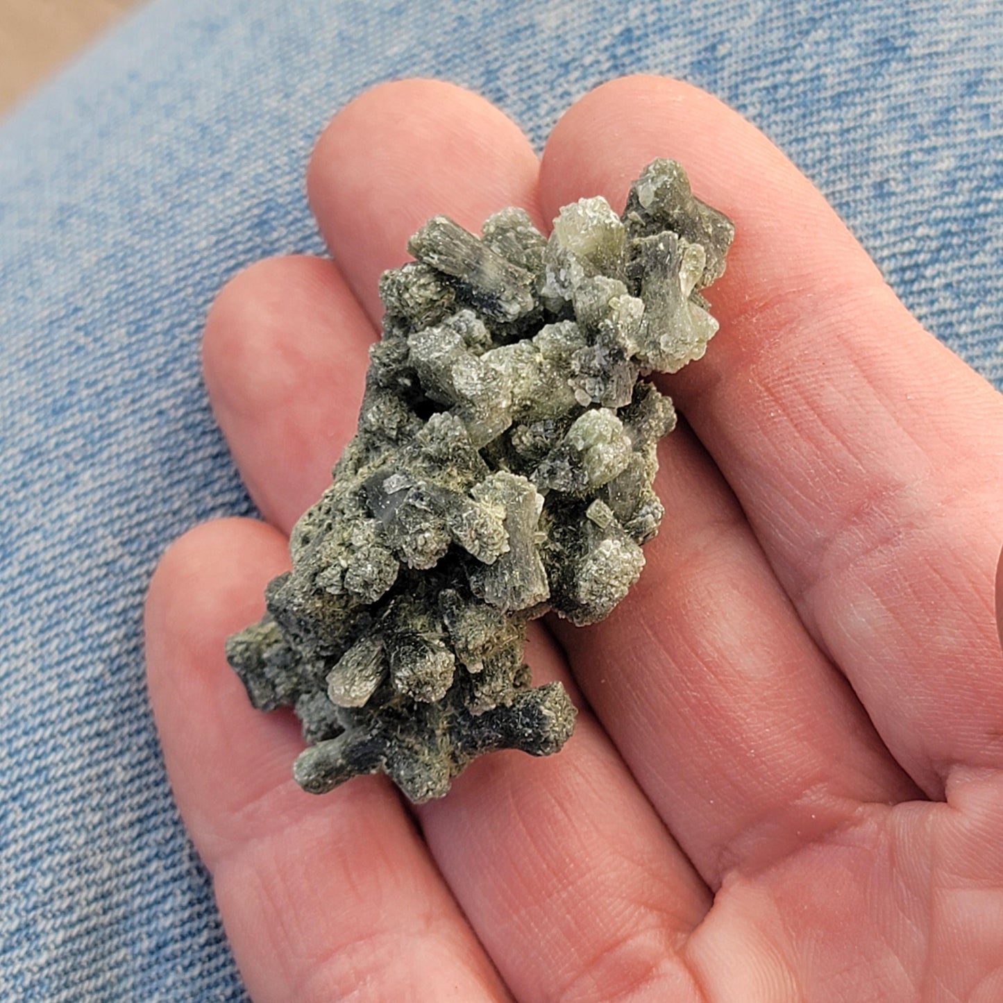 Prehnite Mineral Specimen from Boulemane, Morocco, with Actinolite and Natural Hole, Dark Green Bowtie Shaped Crystals | 18.42g