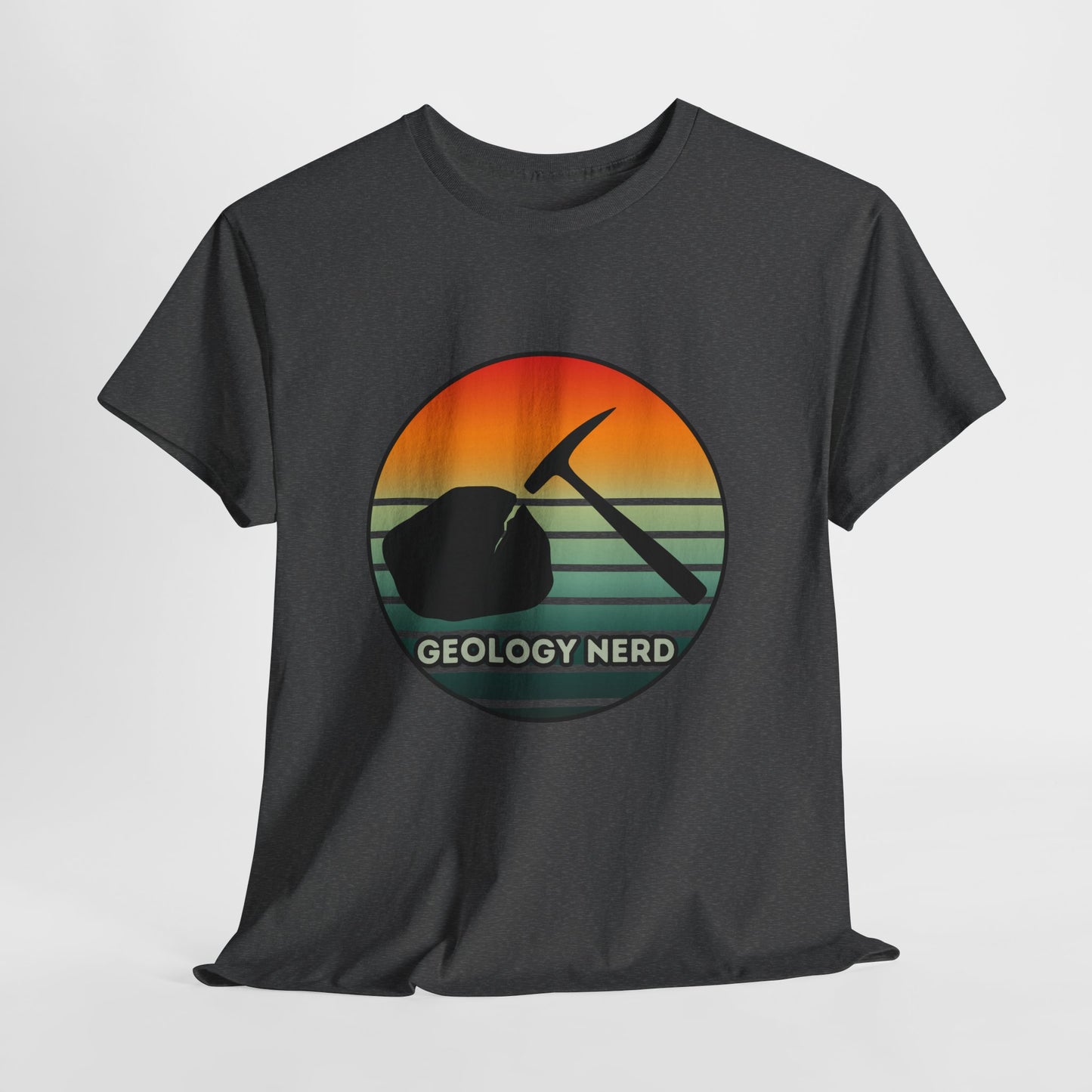 Geology Nerd Unisex Heavy Cotton Tee | Silhouette Sunset Rock Hammer | Perfect for Rock Lovers, Science Buffs, Casual Outfits, Gift for Geologists, Excursion Wear