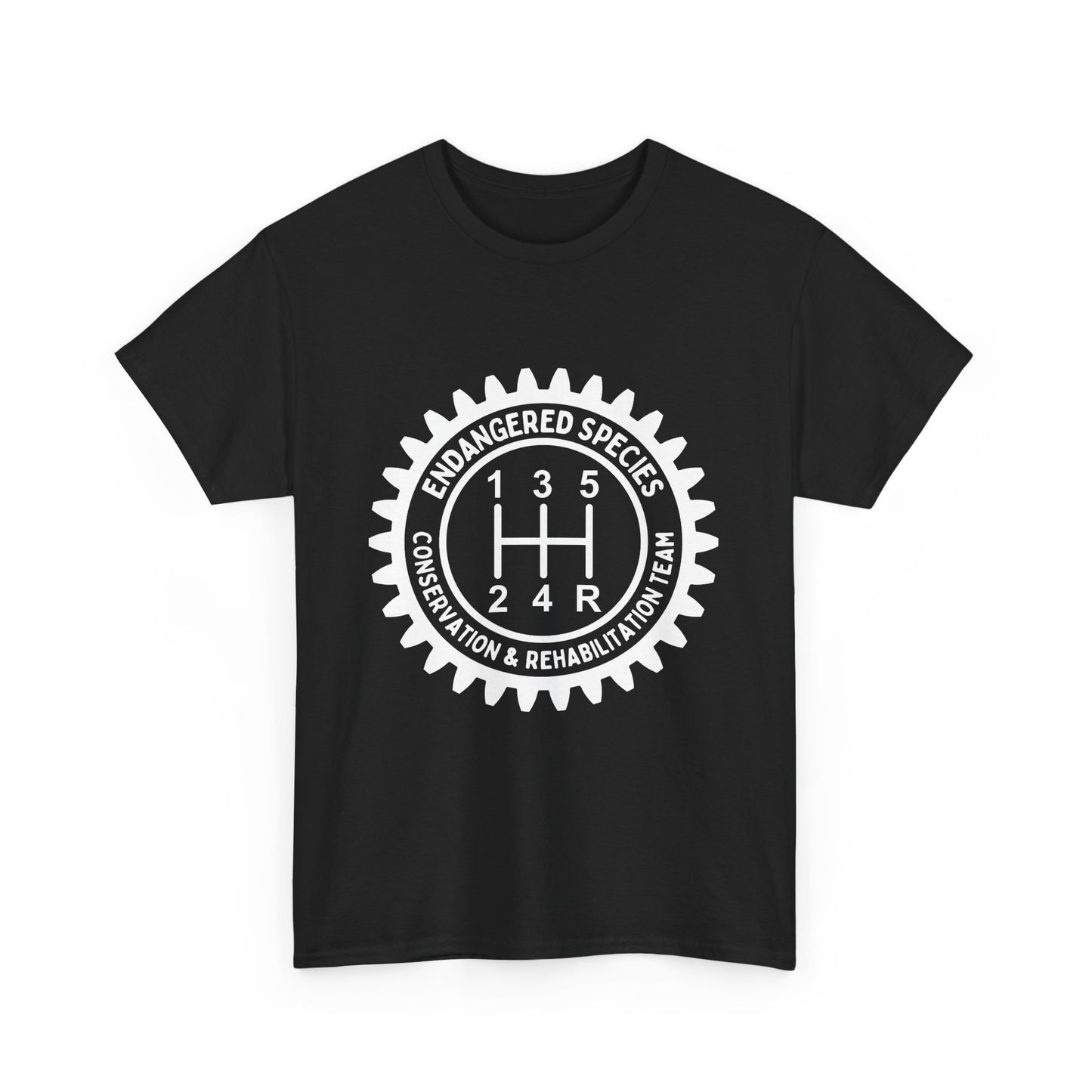 Manual Transmission Stick Shift Humor Tee Shirt - Endangered Species Conservation & Rehabilitation Team - White Print