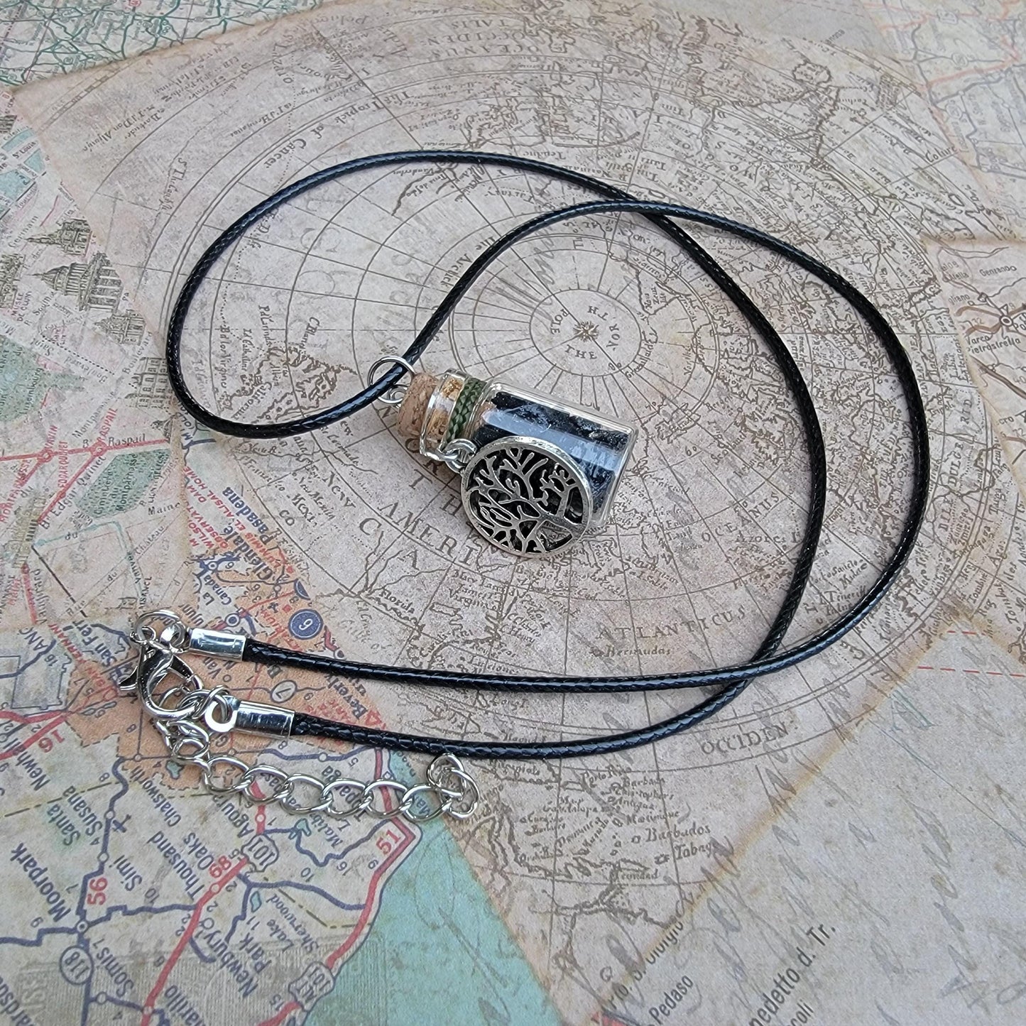 Black Tourmaline Necklace | Schorl Crystals in Bottle | Grounding Pendant with Tree of Life | Natural Rock and Mineral Jewelry