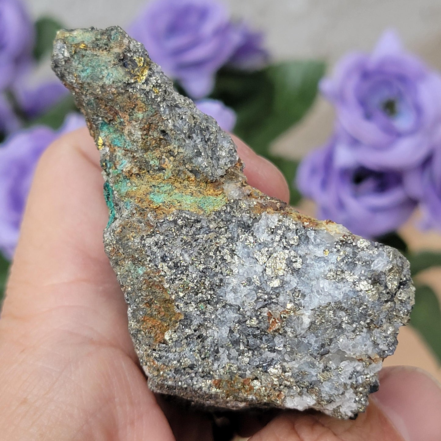 Rough Pyrite Copper Ore Rock Specimen from Morocco 147.68g, with Quartz and Green Oxidation Mineral
