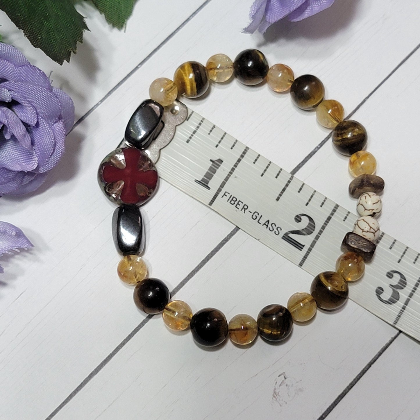 Handmade Tiger’s Eye and Citrine Beaded Bracelet - Red Greek Cross Centerpiece, Hematite, Howlite & Wood Accents - 7.5” Stretch