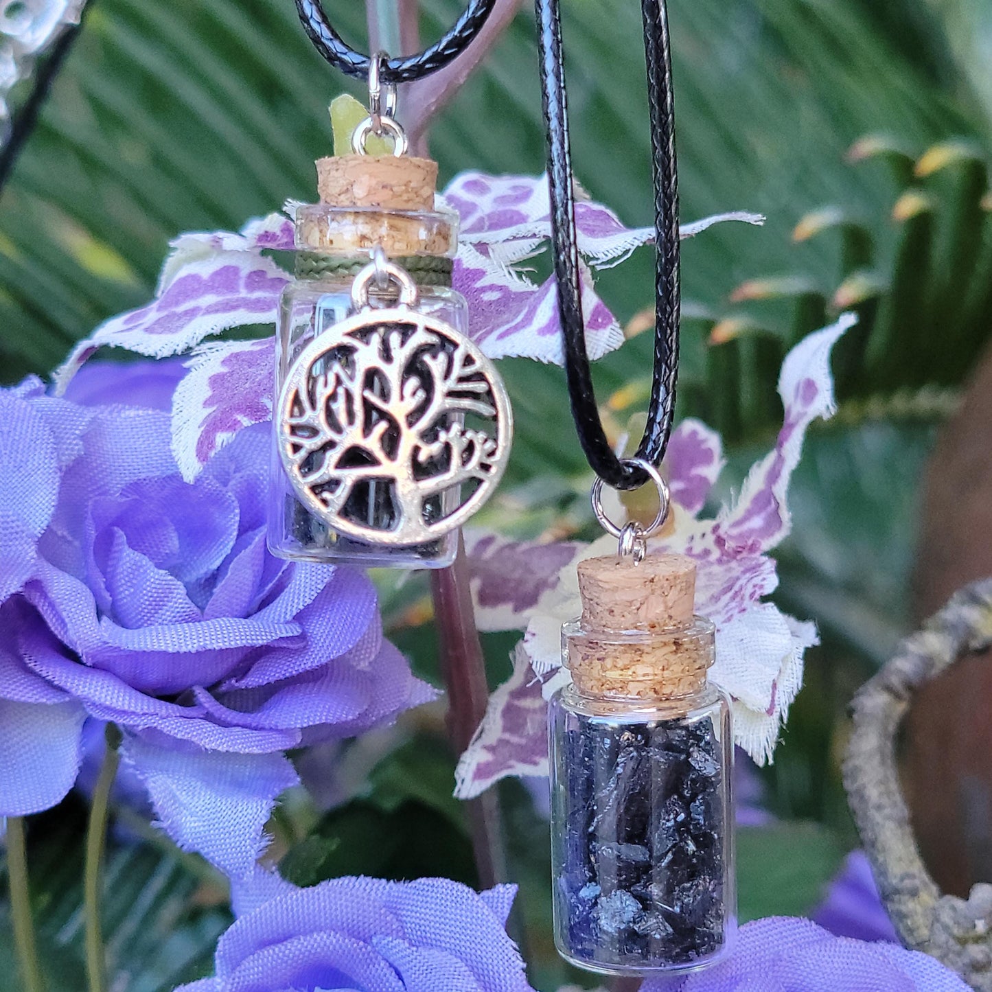 Black Tourmaline Necklace | Schorl Crystals in Bottle | Grounding Pendant with Tree of Life | Natural Rock and Mineral Jewelry