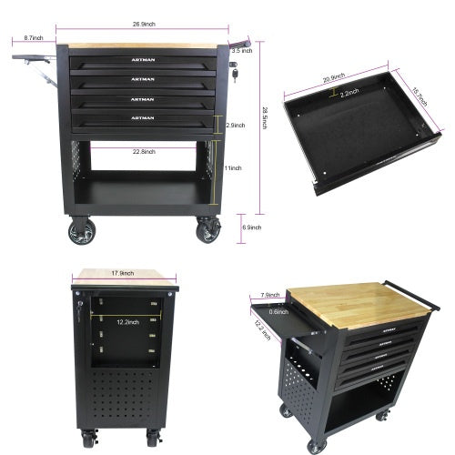 4-Drawer Multifunctional Tool Cart with Wheels & Wooden Top Heavy-Duty Mobile Storage for Tools, Rocks & Lapidary Gear