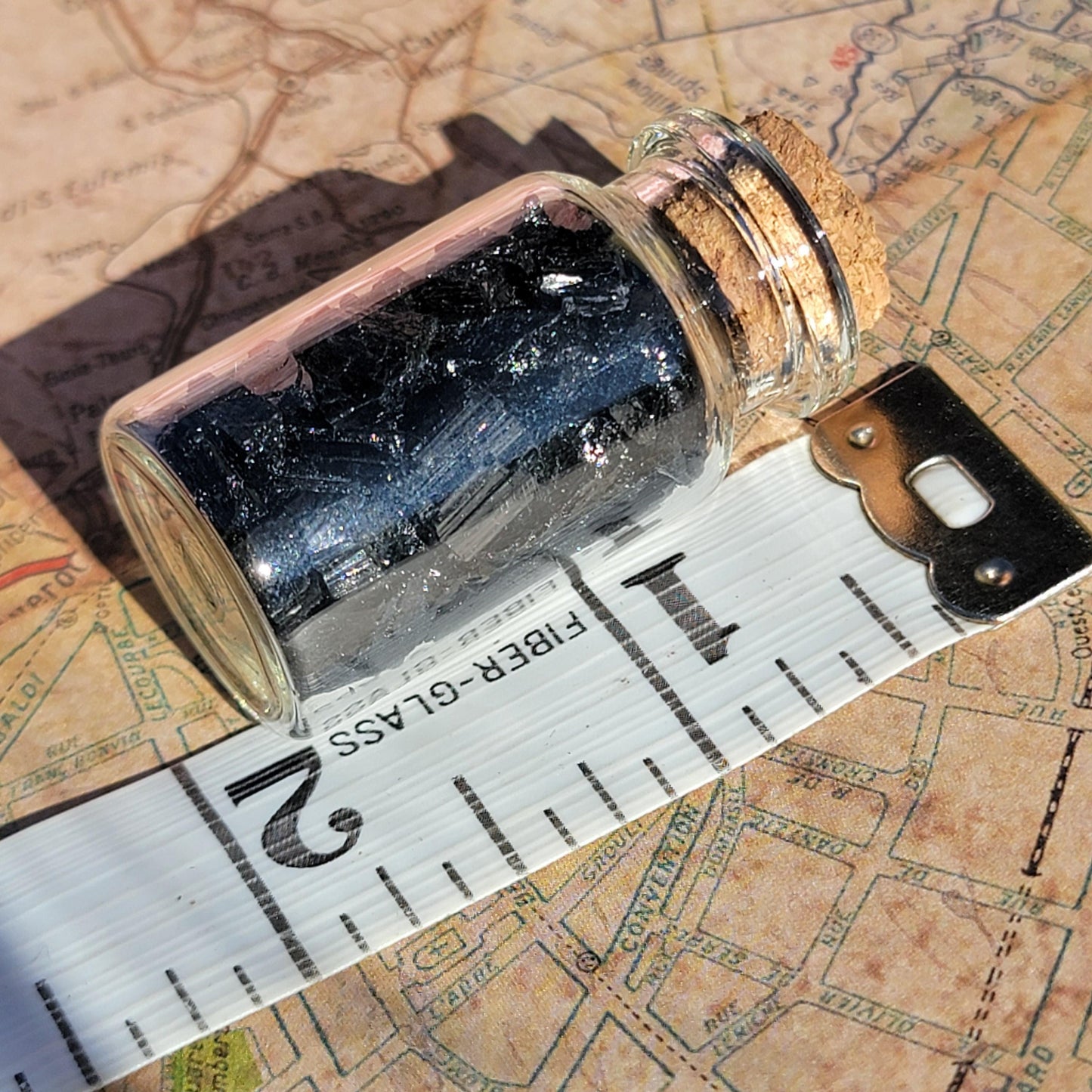 Black Tourmaline Crystals in Glass Bottle, Raw Rough Natural Schorl Rock Pieces, Small Geology Gift