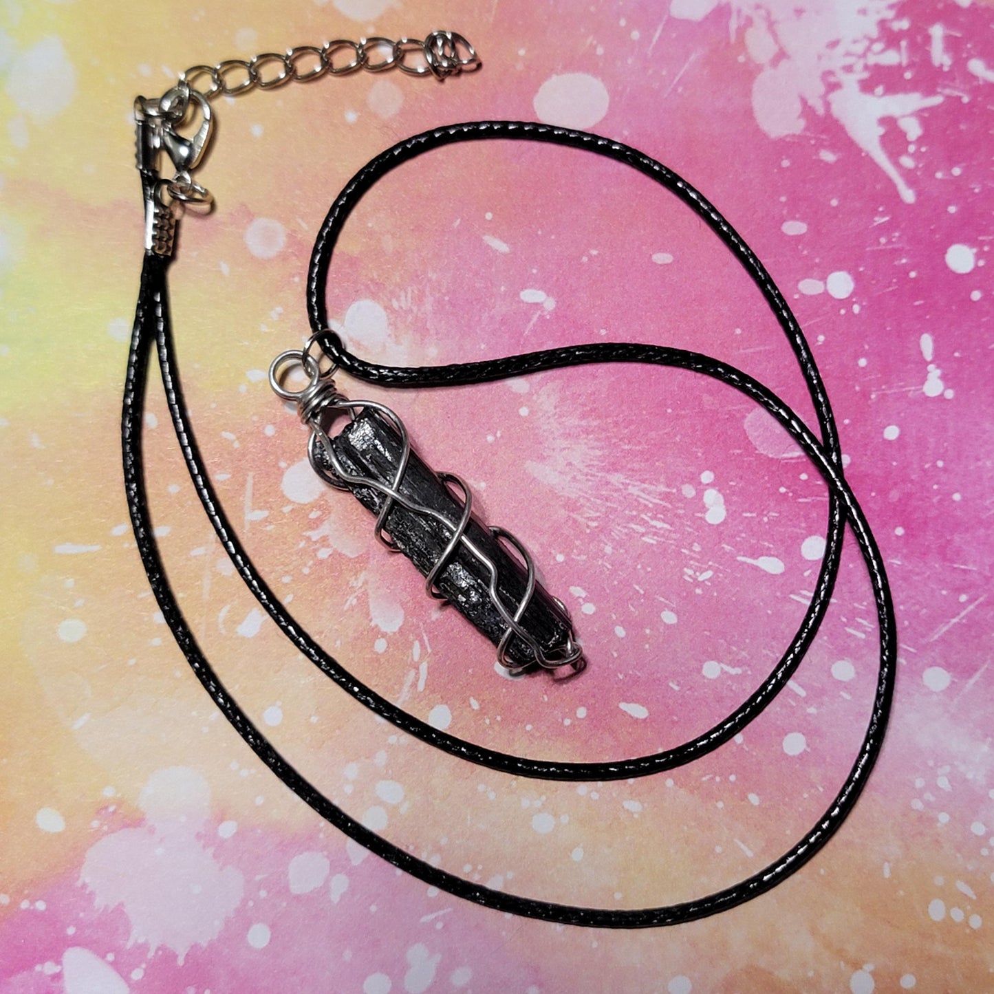 Black Tourmaline Necklace, Raw Stone Wire Wrapped Pendant with Black Cord, Rough Schorl Rock and Mineral Jewelry