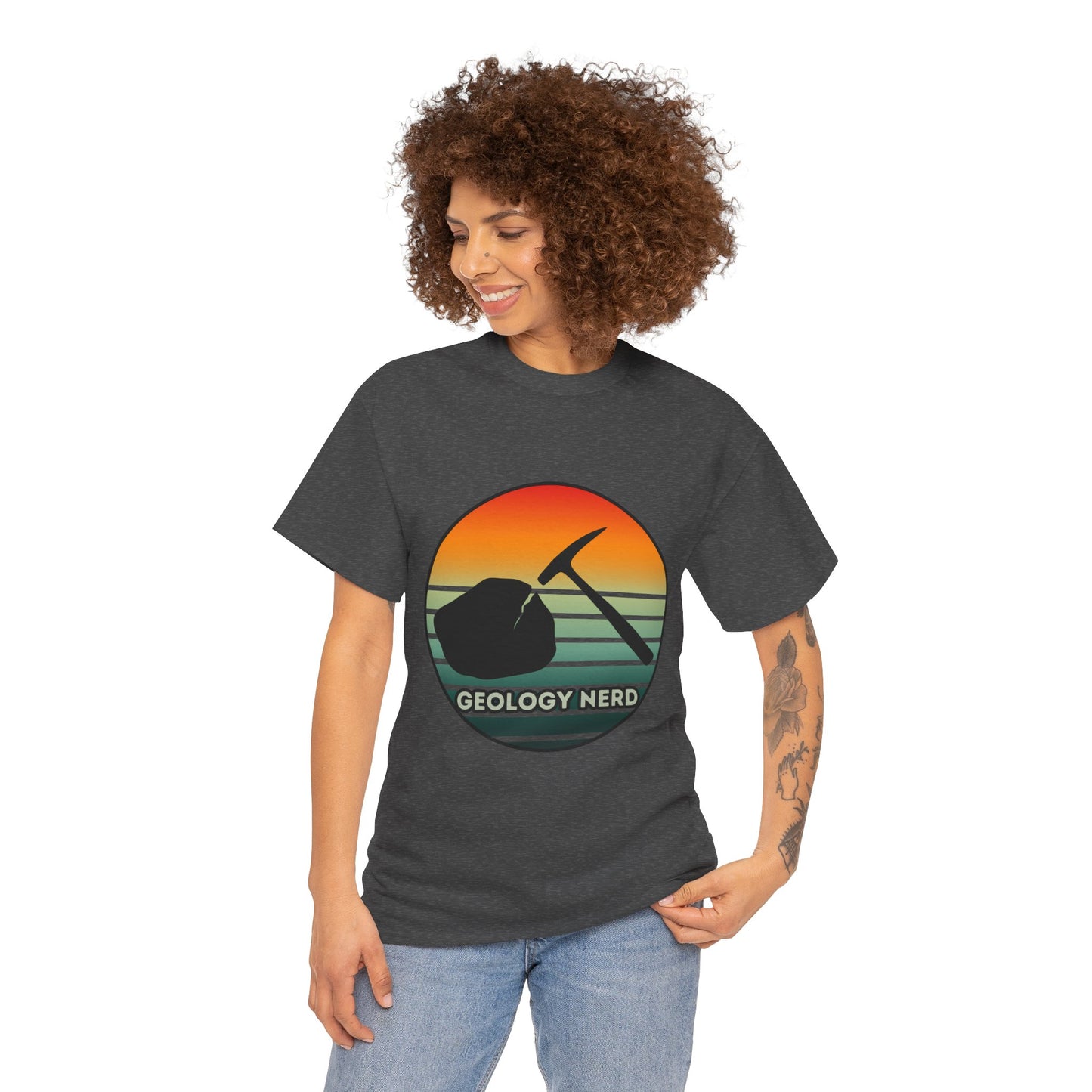 Geology Nerd Unisex Heavy Cotton Tee | Silhouette Sunset Rock Hammer | Perfect for Rock Lovers, Science Buffs, Casual Outfits, Gift for Geologists, Excursion Wear