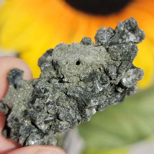 Prehnite Mineral Specimen from Boulemane, Morocco, with Actinolite and Natural Hole, Dark Green Bowtie Shaped Crystals | 18.42g