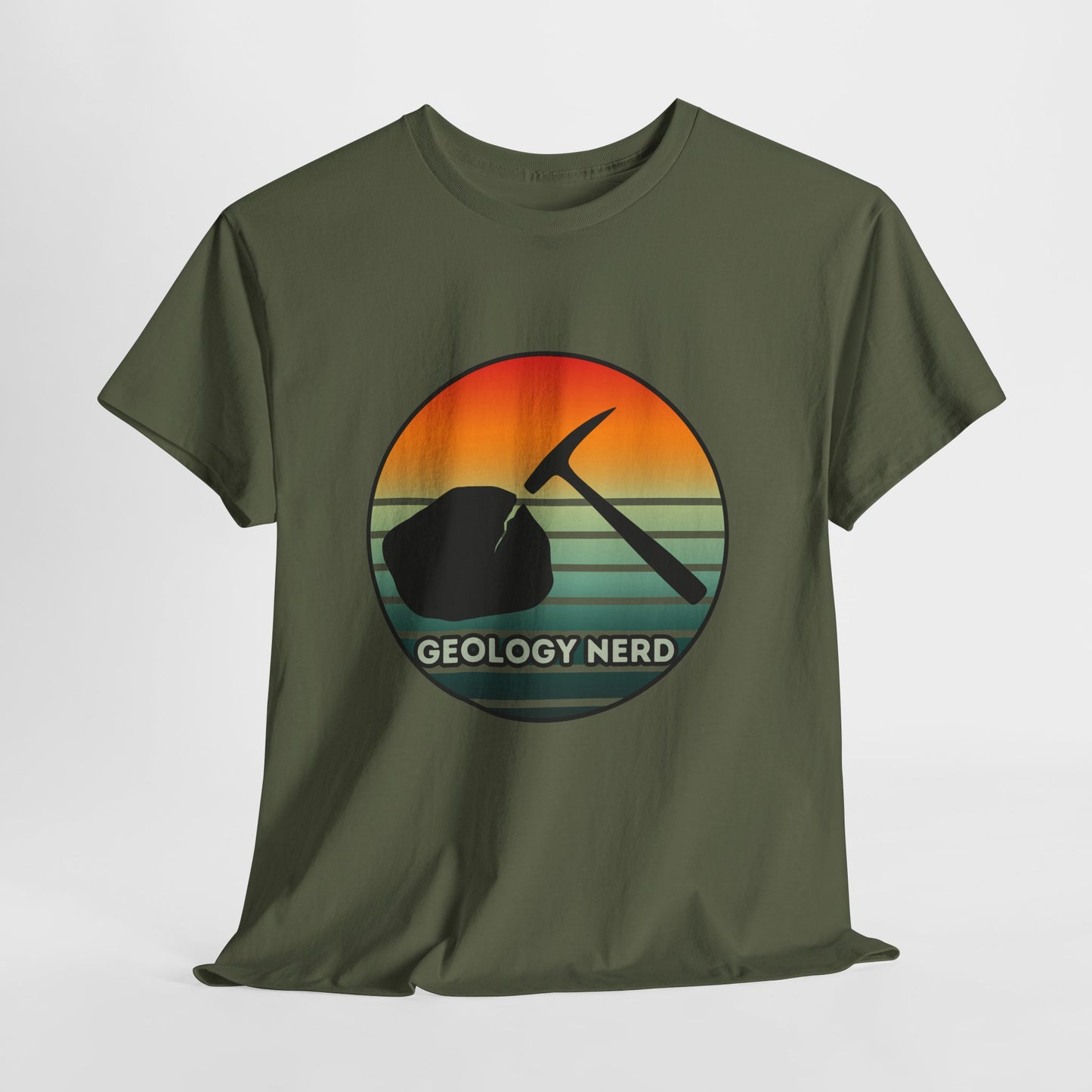 Geology Nerd Unisex Heavy Cotton Tee | Silhouette Sunset Rock Hammer | Perfect for Rock Lovers, Science Buffs, Casual Outfits, Gift for Geologists, Excursion Wear