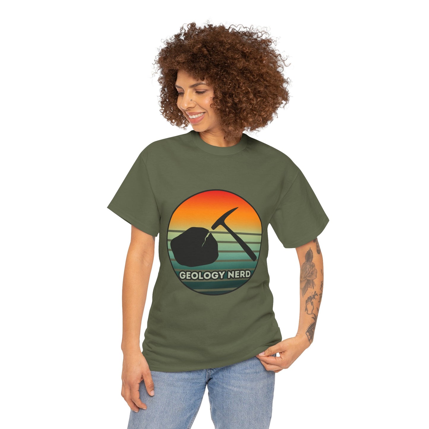 Geology Nerd Unisex Heavy Cotton Tee | Silhouette Sunset Rock Hammer | Perfect for Rock Lovers, Science Buffs, Casual Outfits, Gift for Geologists, Excursion Wear
