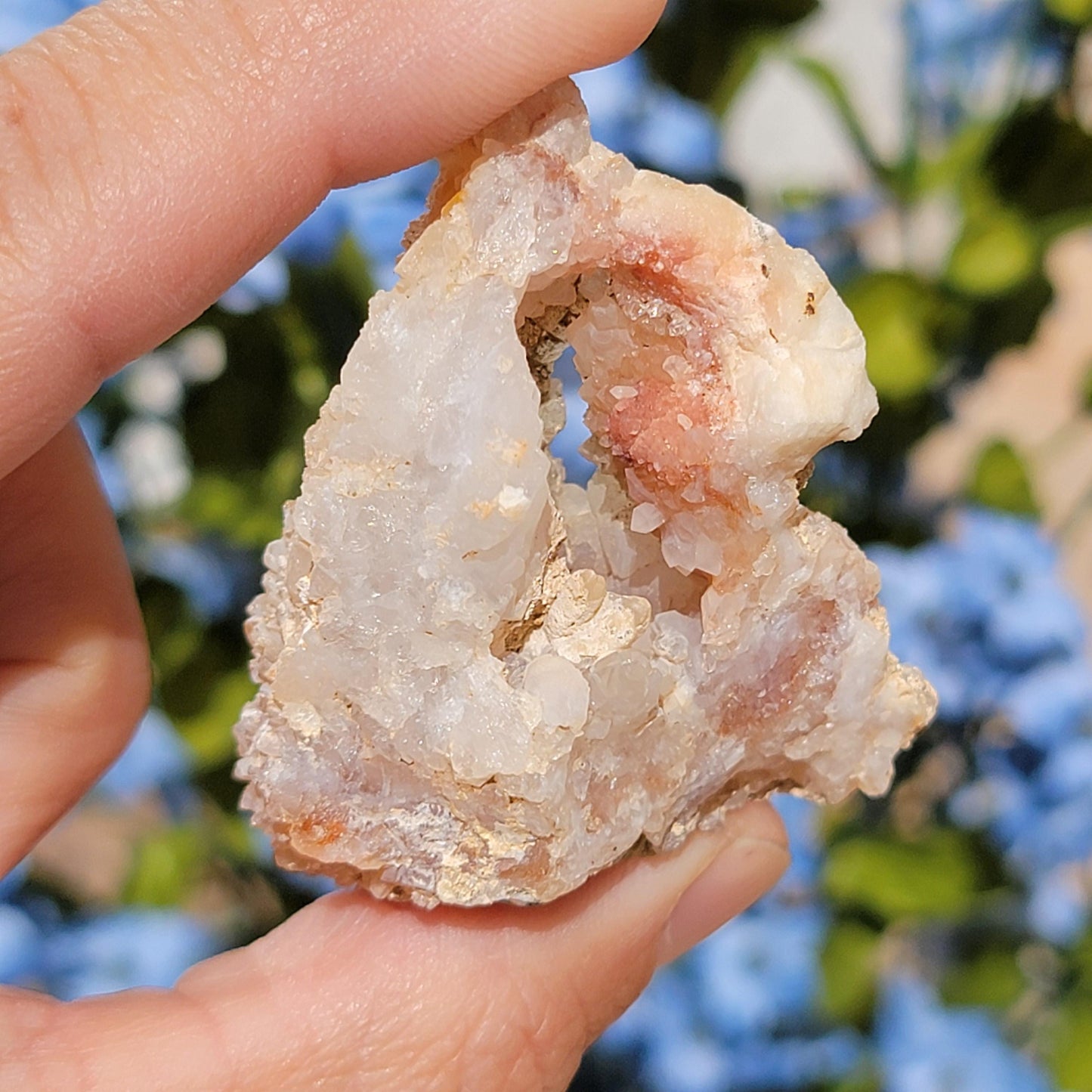 Natural Quartz Geode with Beautiful Crystal Points & Hole | Mule Mountains, California | Pink and White Raw Stone, Display Mineral Specimen