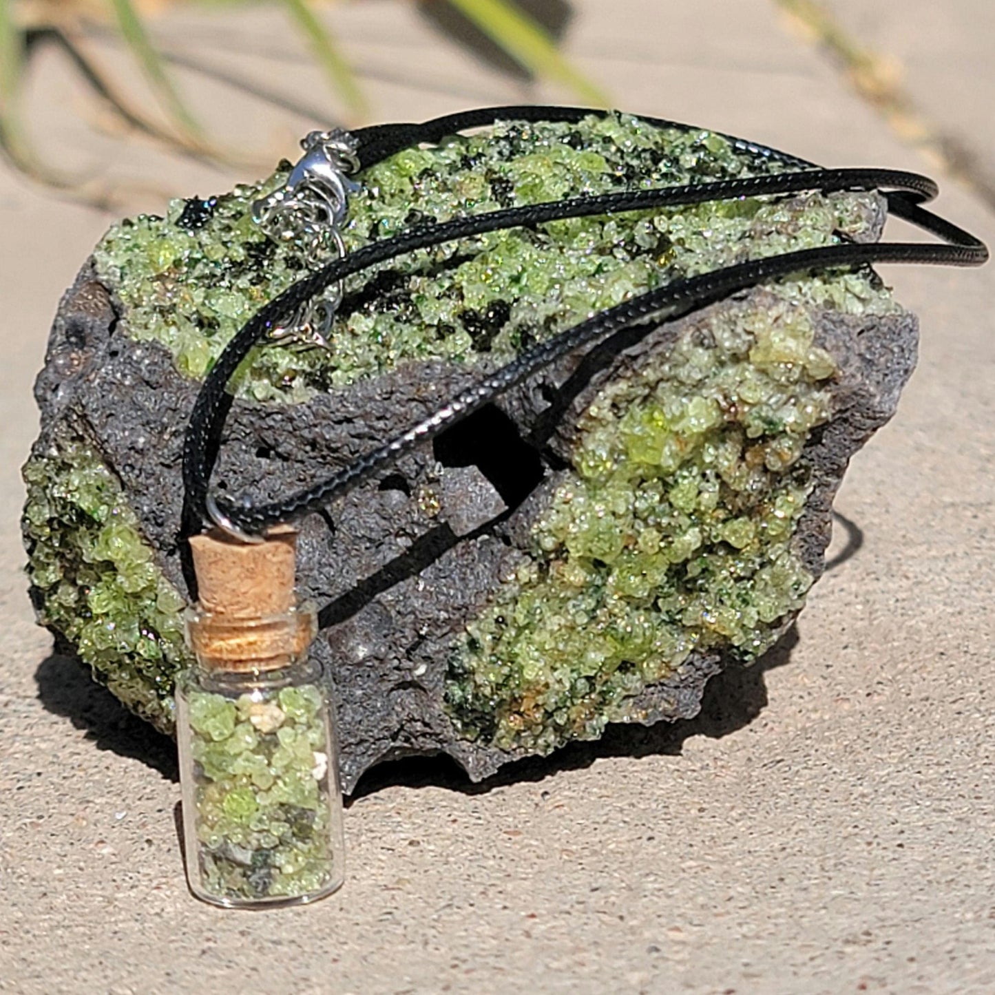 Natural Raw Peridot Necklace | August Birthstone Jewelry | Crystals in a Bottle Pendant | Arizona Gemstone Geology Gift