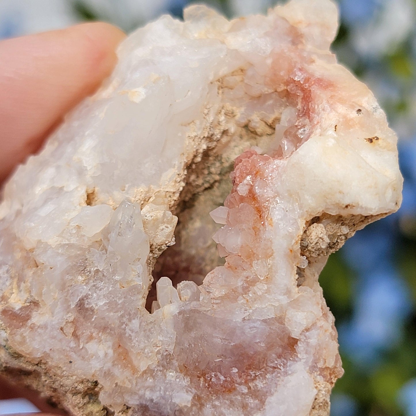 Natural Quartz Geode with Beautiful Crystal Points & Hole | Mule Mountains, California | Pink and White Raw Stone, Display Mineral Specimen