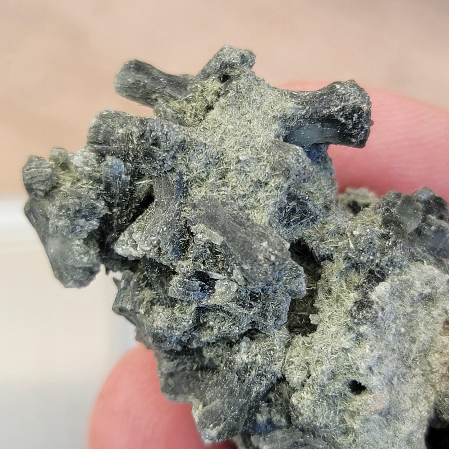 Prehnite Mineral Specimen from Boulemane, Morocco, with Actinolite and Natural Hole, Dark Green Bowtie Shaped Crystals | 18.42g