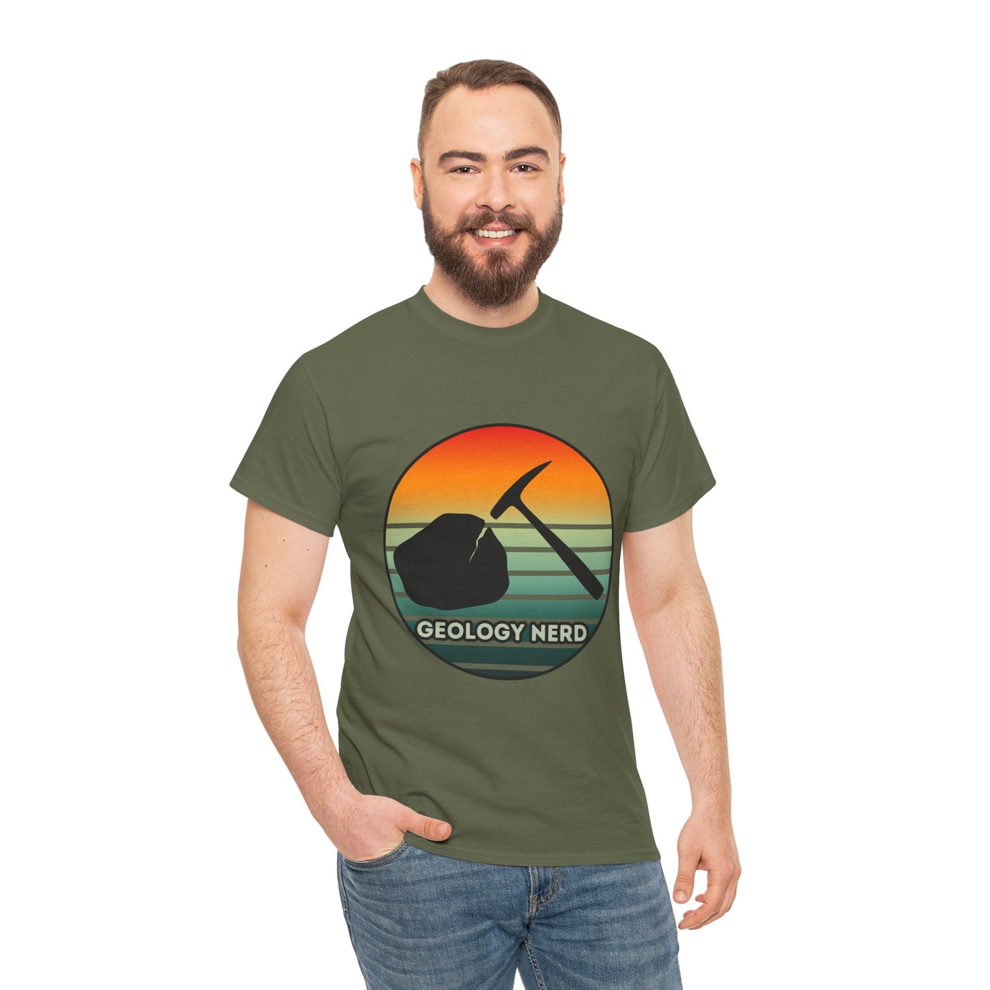 Geology Nerd Unisex Heavy Cotton Tee | Silhouette Sunset Rock Hammer | Perfect for Rock Lovers, Science Buffs, Casual Outfits, Gift for Geologists, Excursion Wear