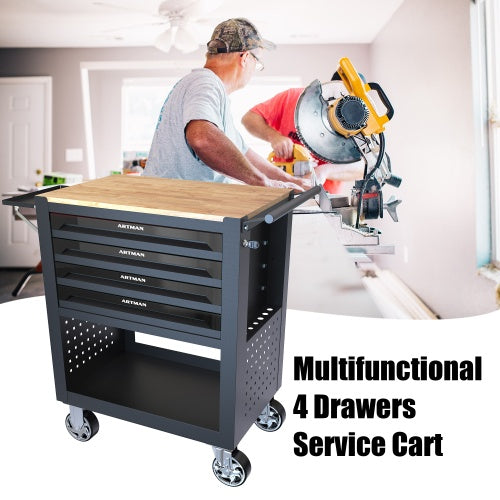 4-Drawer Multifunctional Tool Cart with Wheels & Wooden Top Heavy-Duty Mobile Storage for Tools, Rocks & Lapidary Gear