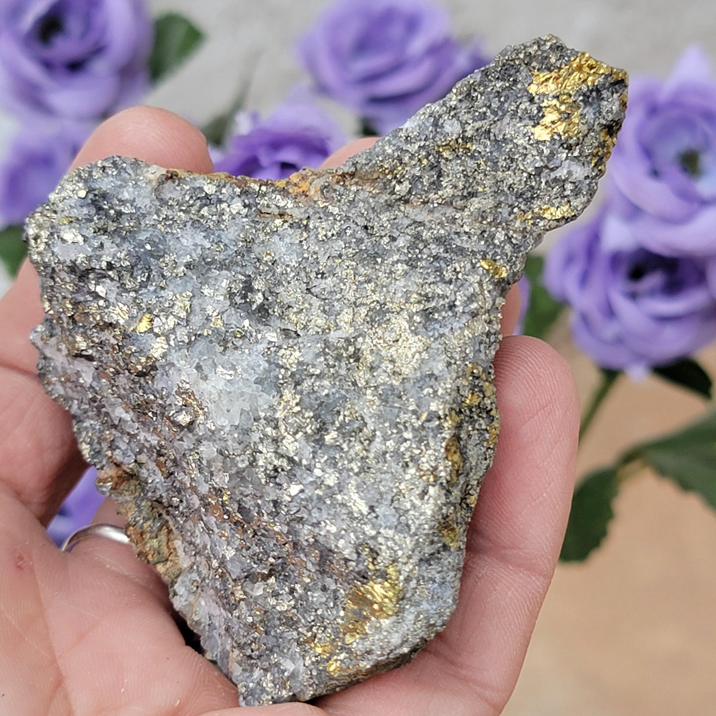 Rough Pyrite Copper Ore Rock Specimen from Morocco 147.68g, with Quartz and Green Oxidation Mineral
