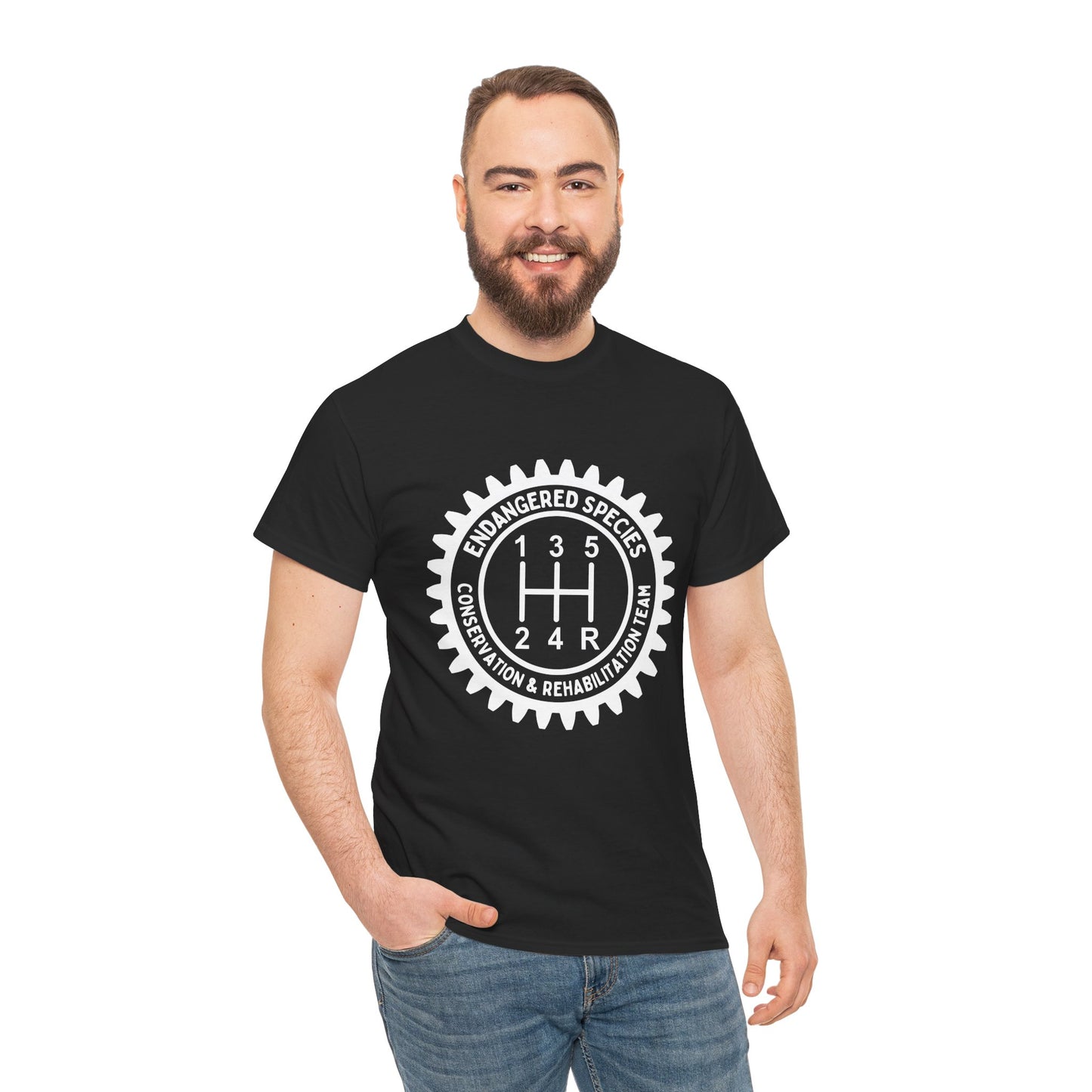 Manual Transmission Stick Shift Humor Tee Shirt - Endangered Species Conservation & Rehabilitation Team - White Print
