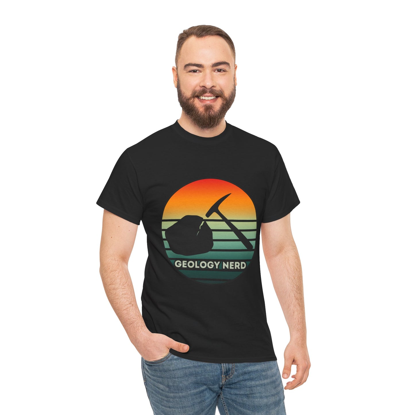 Geology Nerd Unisex Heavy Cotton Tee | Silhouette Sunset Rock Hammer | Perfect for Rock Lovers, Science Buffs, Casual Outfits, Gift for Geologists, Excursion Wear