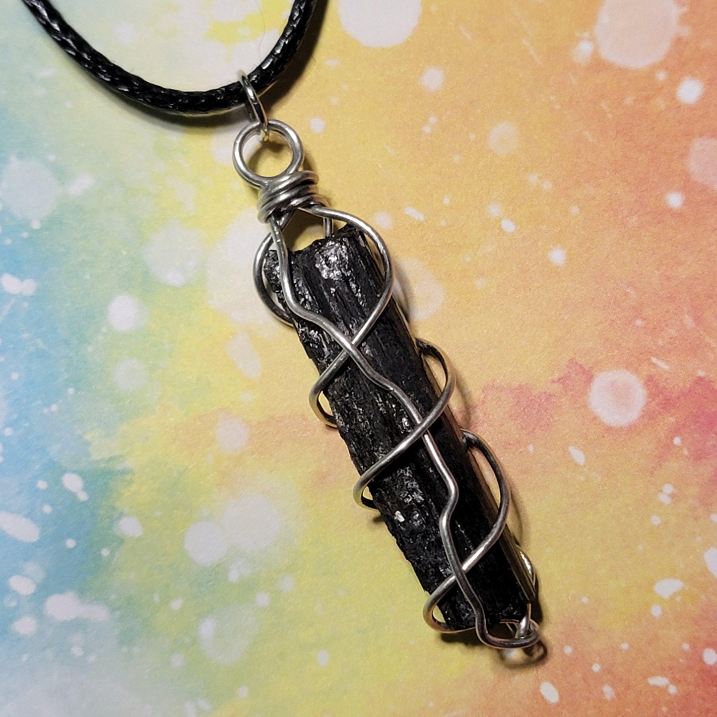 Black Tourmaline Necklace, Raw Stone Wire Wrapped Pendant with Black Cord, Rough Schorl Rock and Mineral Jewelry