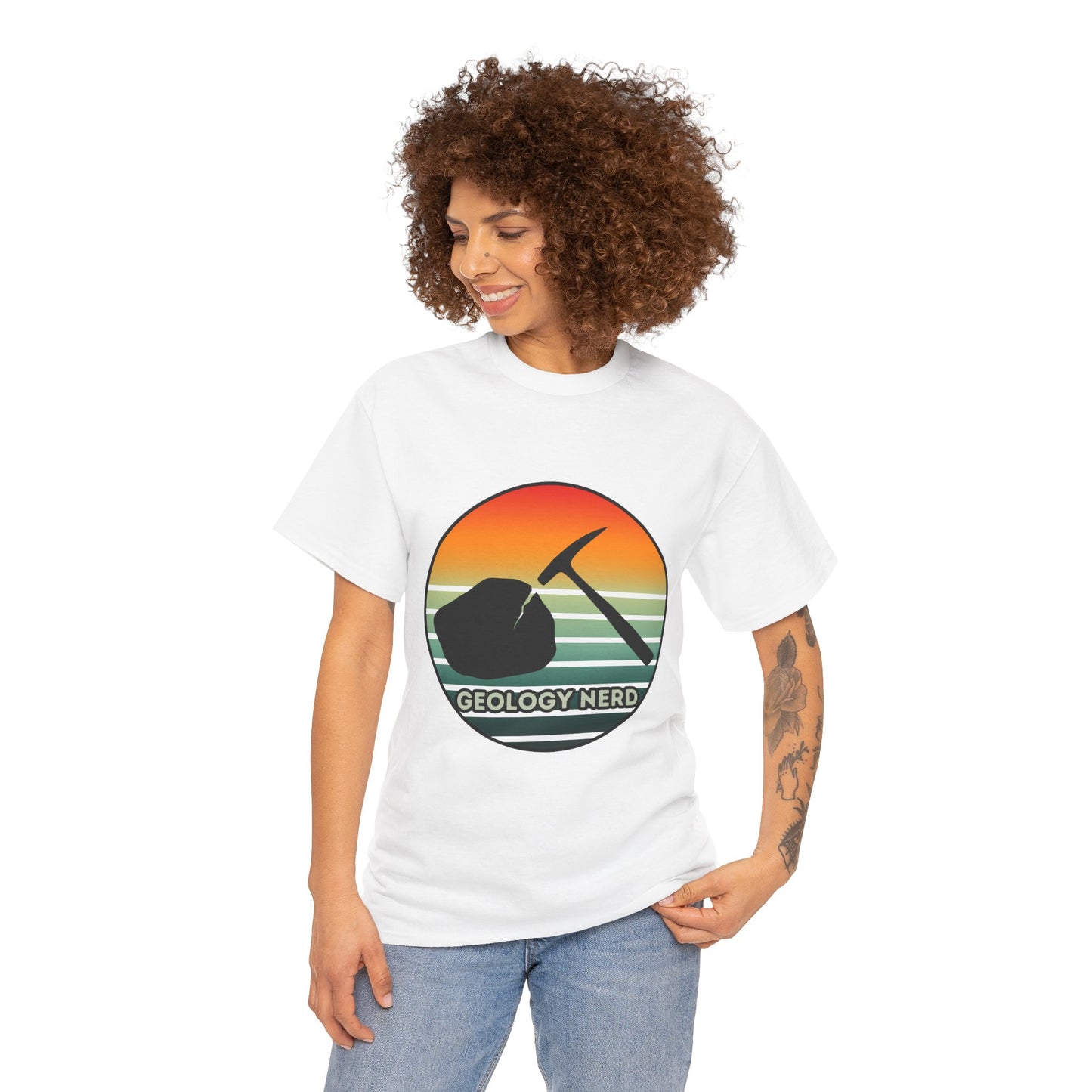 Geology Nerd Unisex Heavy Cotton Tee | Silhouette Sunset Rock Hammer | Perfect for Rock Lovers, Science Buffs, Casual Outfits, Gift for Geologists, Excursion Wear