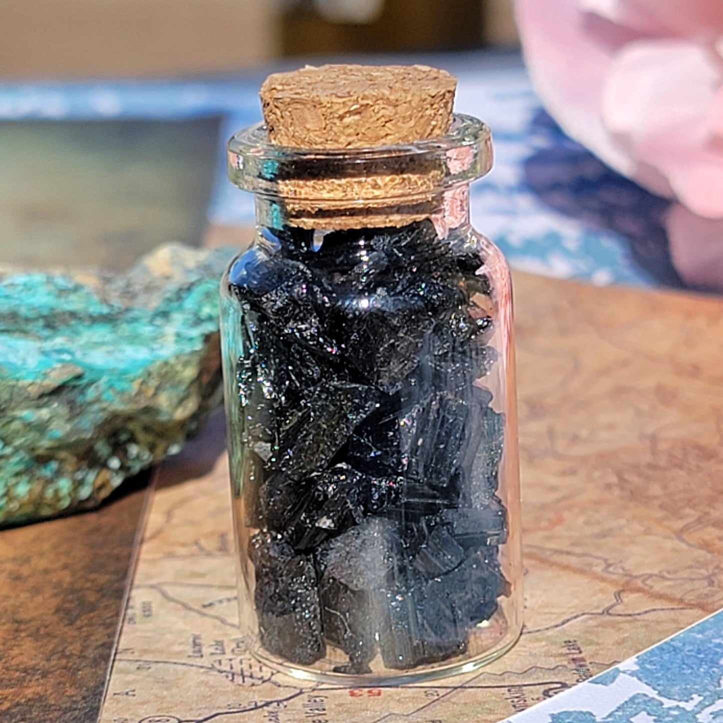 Black Tourmaline Crystals in Glass Bottle, Raw Rough Natural Schorl Rock Pieces, Small Geology Gift